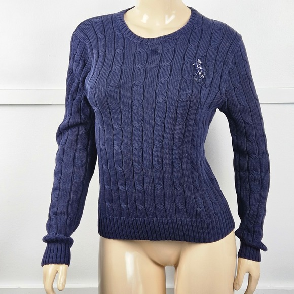 Polo Ralph Lauren Womens Cable Knit Beaded Logo Crewneck Sweater Size L - Picture 2 of 11